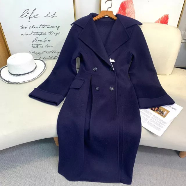 Womens Double Sided Cashmere Wool Coat Long Woolen Navy Double Breasted Outwear