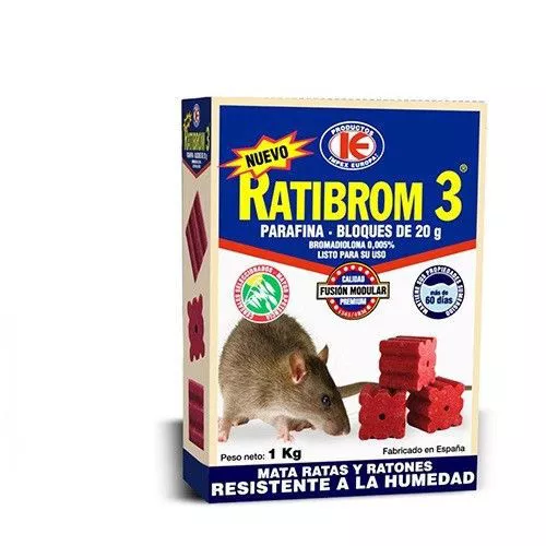 Cebo en bloques RATIBROM 3 con parafina contra ratas y ratones - 1 kg