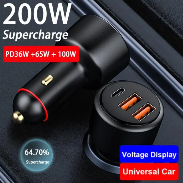 200W Dual USB + Type-C Car Charger PD3.0 Super Fast Disp LED with Charging M3N5