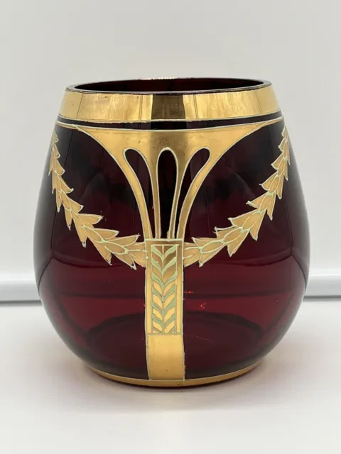 Antique 1900s Art Nouveau Josef Riedel Polaun Red And Gold Enamel Art Glass RARE