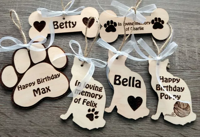 Wooden personalised pet decoration dog cat memorial ornaments bone paw