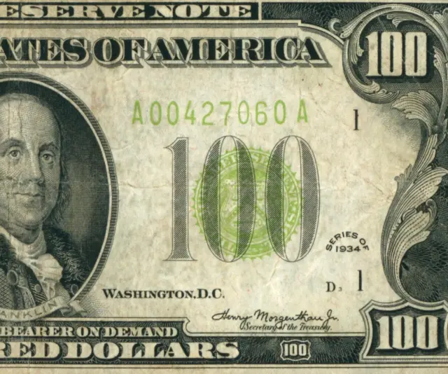 $100 1934 LGS LIME ((LIGHT GREEN SEAL)) Federal Reserve Note DAILY CURRENCY