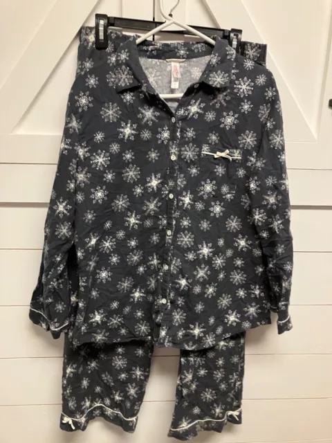 Womens Gilligan & Omalley Flannel 2 Pc Pajama Set Sz M Gray Blue Snowflakes