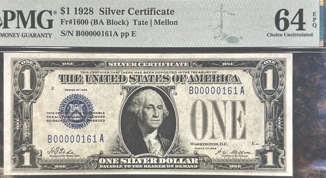 1928 $1 Fr.1600 Silver Certificate BA Block LOW Binary Serial #161 PMG 64EPQ💎