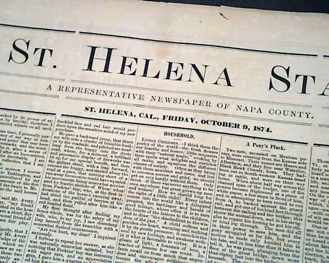 Rare ST. HELENA Napa County CA California 1874 Newspaper w/ Many Advertisements