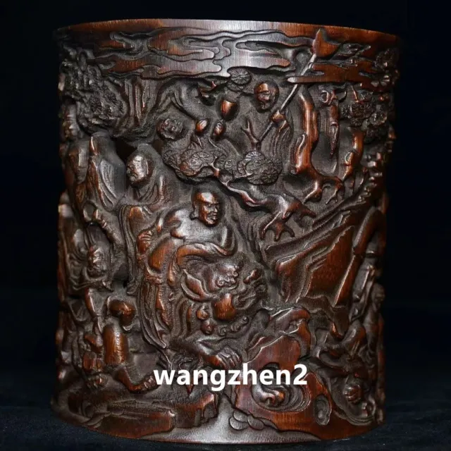 Old China handmade Exquisite Bamboo carving Relief 18 Arhat Pattern pen holder