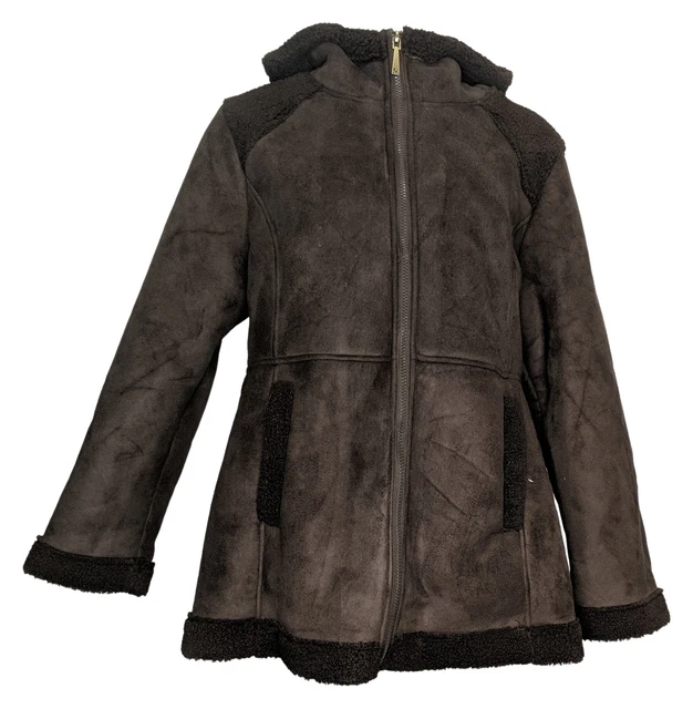 Koolaburra by UGG Women's Sz L Faux Suede Hooded Coat w/ Sherpa Brown A545146