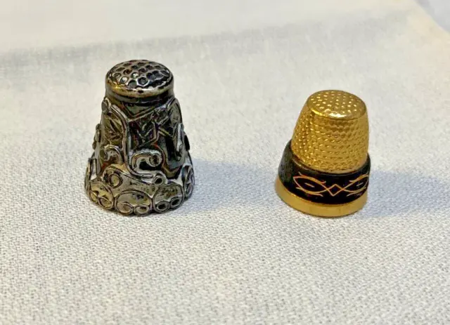 Vintage MEXICO 925 Sterling Silver + Brass TOLEDO Spain Sewing Thimbles lot of 2