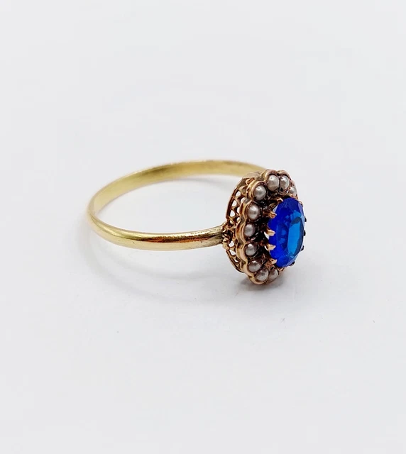 Bague Marguerite Antique Or Rose 18k - Pierre Bleue & Diamant, Taille 54 (année 1900)