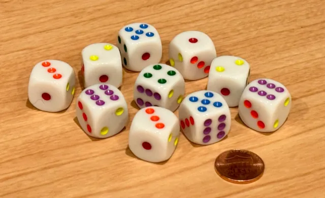 Set of 10 Six Sided Standard  16MM Dice- White with Multi-Color Pips