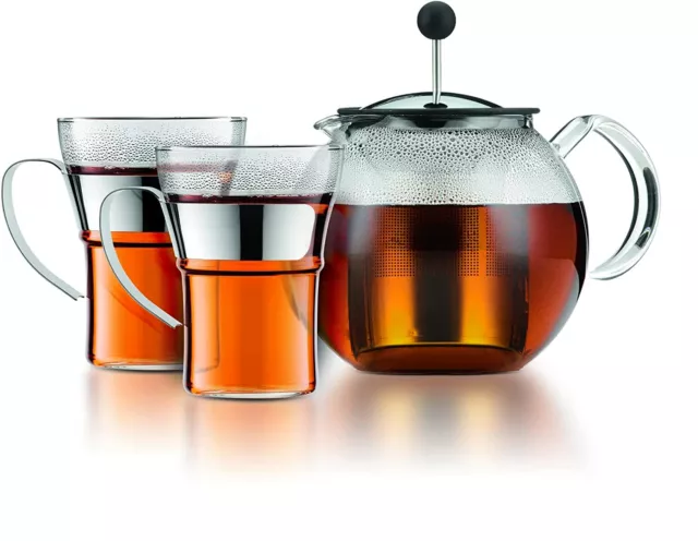 BODUM  ASSAM SET Théière à piston couvercle et filtre inox 1.0 l + 2 tasses