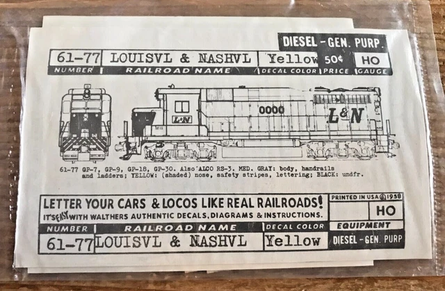 Walther’s HO Scale Decal kit 61-77 LOUISVILLE & NASHVILLE Diesel Locomotive