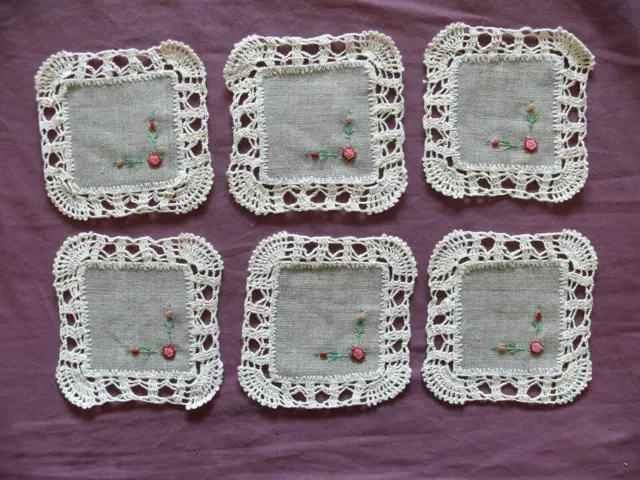 Hermoso Vintage bordado 6 tapetes de lino 13cm/13cm(5''x5'') #1749