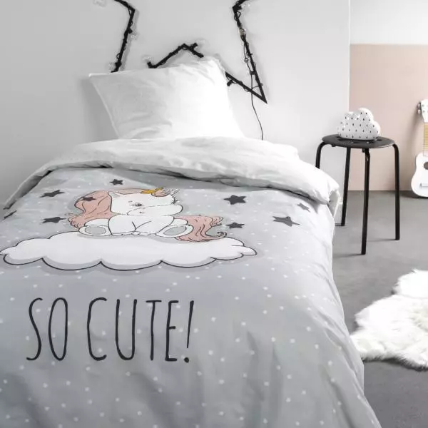 Housse de couette Cute unicorn, Gris, Enfant, 140x200cm, 1 personne, 100% Coton,