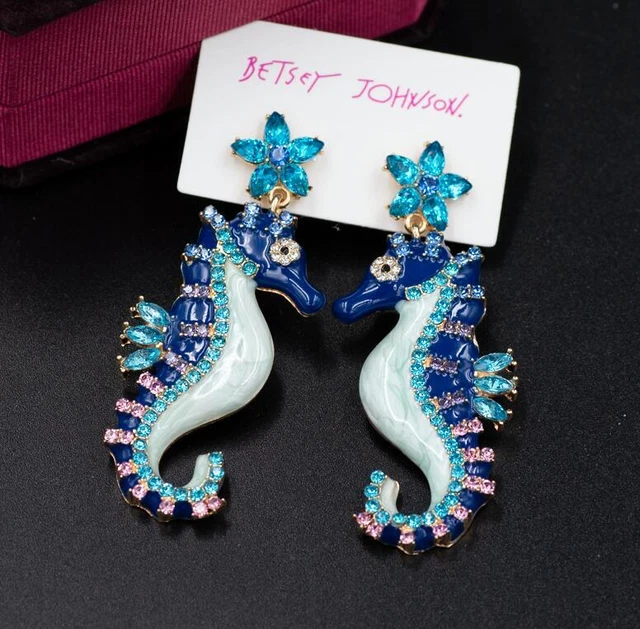 New Betsey Johnson Blue rare Alloy Rhinestone Crystal sea horse ldrop Earrings