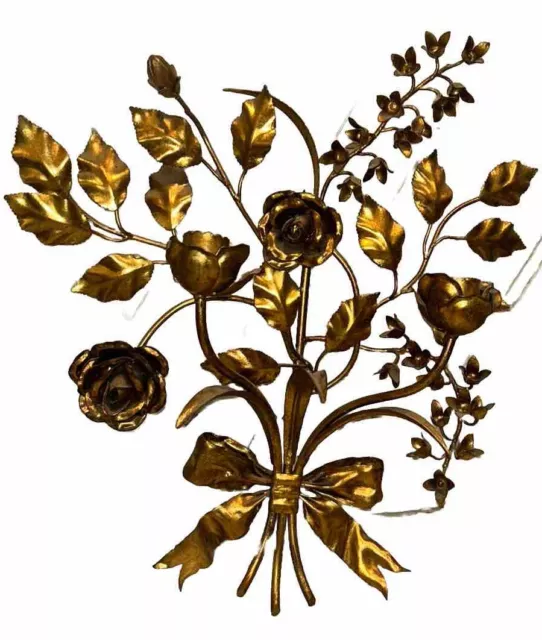 VTG PR Florentine Floral Bouquet Bow MCM Gold Gilt Tole Sconces 16”T 14”W Italy