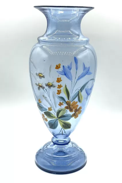 Vintage Blue Glass Vase Hand Painted Florals 11” Tall White Yellow Gold Green