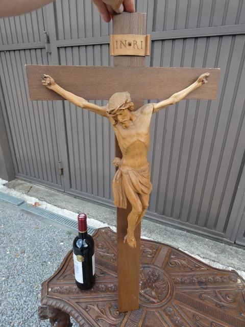 Antique XL33"  French wood carved crucifix corpus christ religious signed