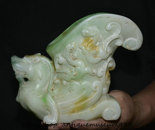 8" Old Chinese Green Jade Carving Dynasty Pi Xiu Unicorn Beast Cup Statue