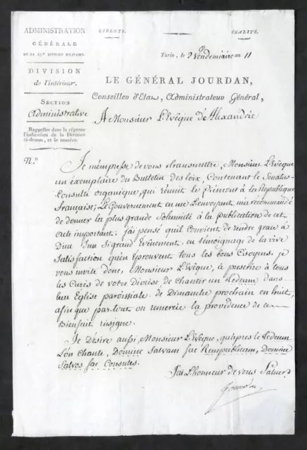 Lettera con autografo del generale francese Jean-Baptiste Jourdan - 1803