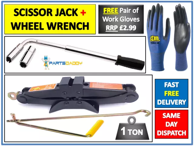 1 Ton Tonne Wind Up Scissor Jack + Extendable Wheel Brace Socket Wrench Car Van