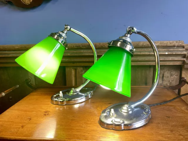 Near Pair Art Deco 1930s Swan Neck  Student Lamps Emerald Green Glass Pendant