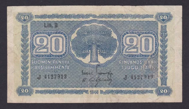 Finland 20 Markkaa 1945, Pick: 86, Litt. B,  Series: J 4127913, VF