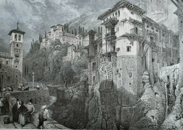 Gravur R Wallis David Roberts Überreste maurische Brücke Darro Rahmen 37x33cm