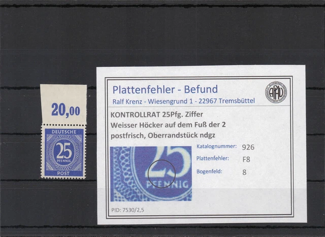 KONTROLLRAT 1947 PLATTENFEHLER Nr 926 F8 postfrisch (224026)