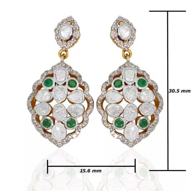 925 Sterling Silver 18k Gold Plat Natural Diamond Emerald Polki Lovely Earrings