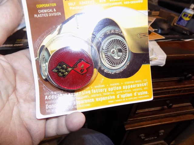 NOS Chroma Graphics mag medallions, wheel center cap stickers, Chevy flags 1 5/8