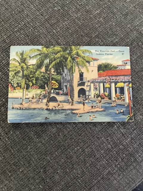 Vintage Linen Postcard Coral Gables, Florida~The Venetian Pool at Coral Gables