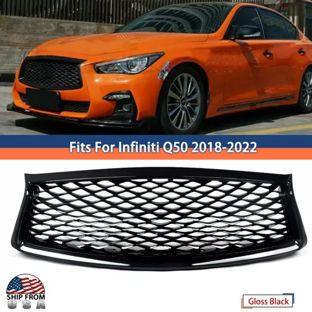 Gloss Black For Infiniti Q50 2018-22 Front Bumper Upper Grille Grill Replacement