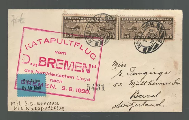 US Airmail Cover SS Bremen Catapult New York to Basel Switzerland 1929 US Sc c8