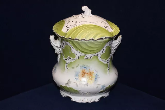 Beautiful Antique Porcelain Hand Painted, Unmarked Biscuit Jar, Lime Green