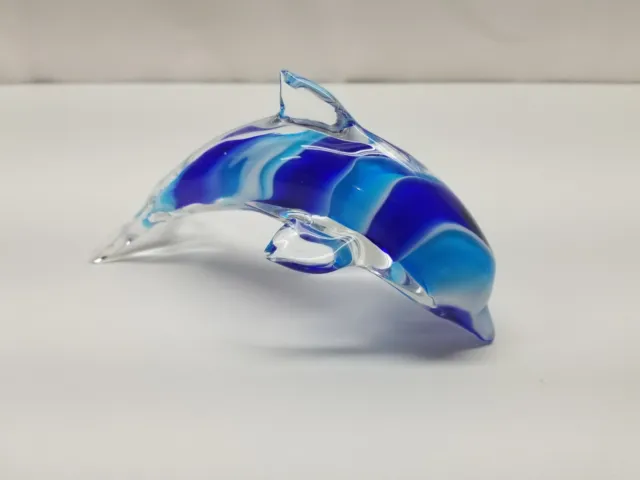Dolphin Porpoise Hand Blown Art Glass Paperweight Figurine Murano Style Blue