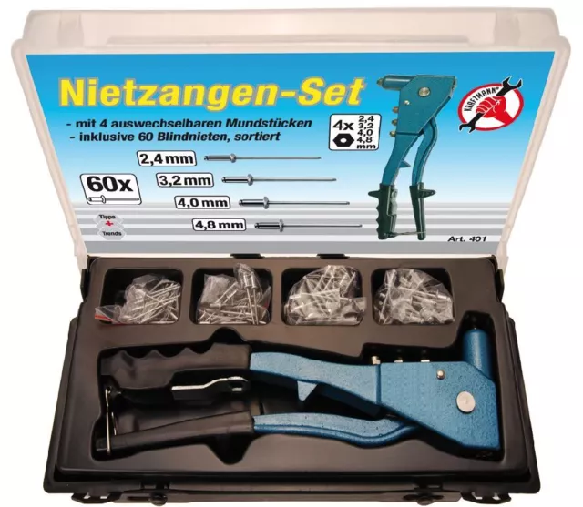 BGS Niet-Sortiment Nietzange-Set, 60 sortierte Nieten Popnieten, 2,4 - 4,8 mm