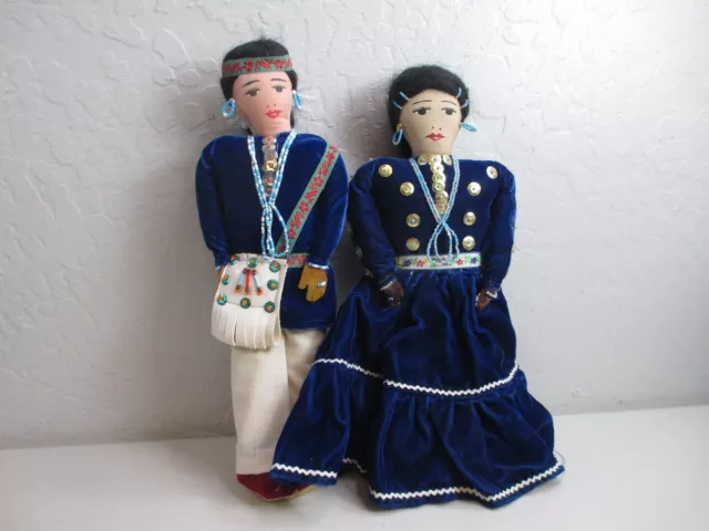 Pair of Navajo Indian Handmade Dolls Man Woman Matching blue Clothes jewelry