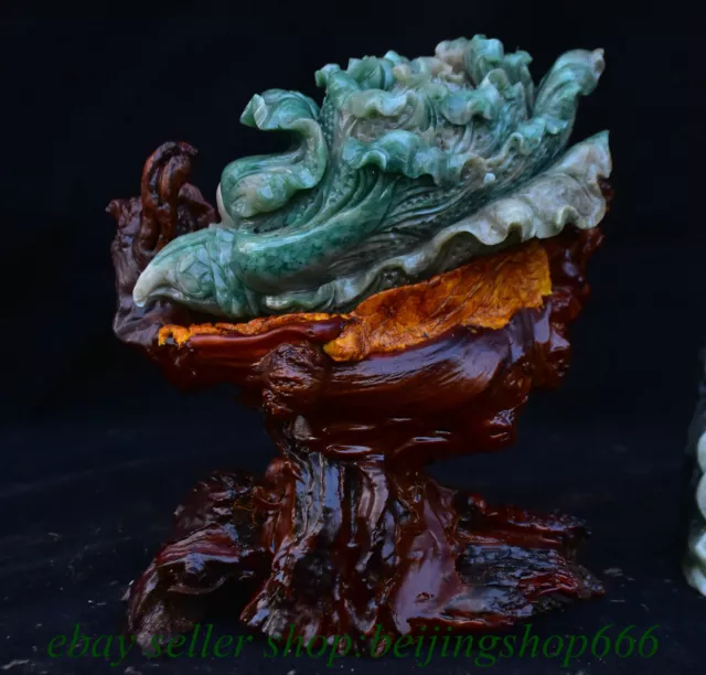 8" Chinese Natural Green Dushan Jade Carved Fengshui Cabbage Wealth Statue