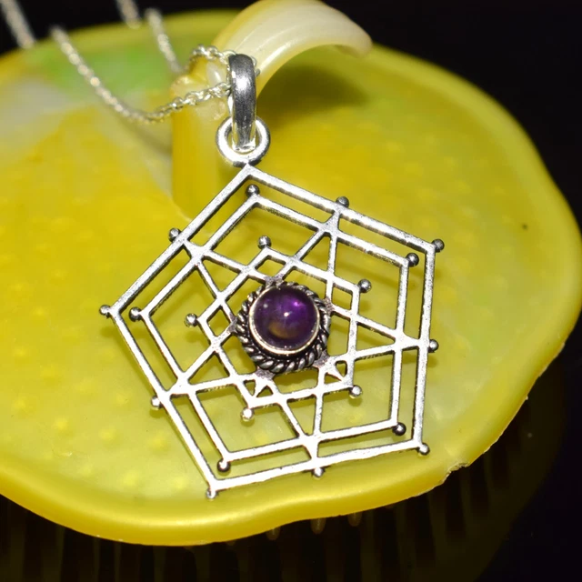 Amethyst Gemstone Round Pendant Chain In Brass Sacred Geometry Mandala Necklace