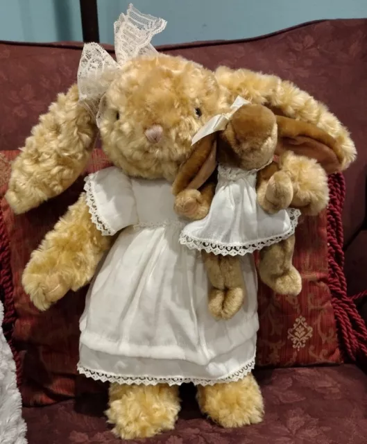 MTY DanDee Bunny Rabbit w/ Baby White Laced Dress Nightgown Standing 15" Plush P