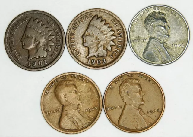 Indian Head Penny, Steel Wheat, Lincoln Wheat Mixed - 5 coin lot