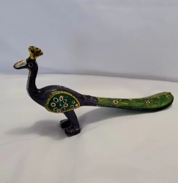 Ornate Wooden Peacock Bird Figurine Purple Green Hand Painted