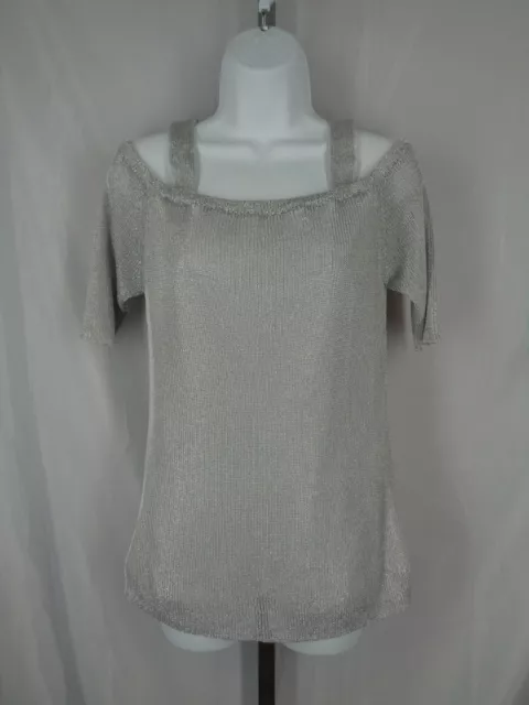 Chicos Travelers Collection Cold Shoulder Silver Metallic Knit Top 1 (8) Medium