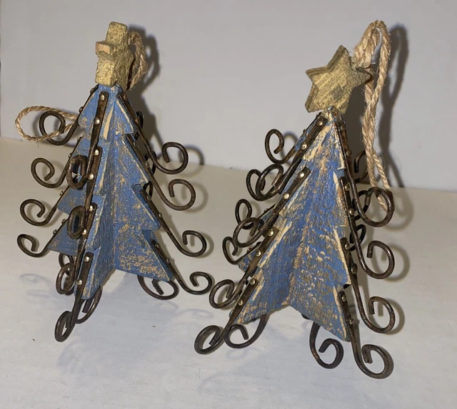 Primitive Farmhouse Metal and Wood Christmas Tree Ornaments Rustic Decorations