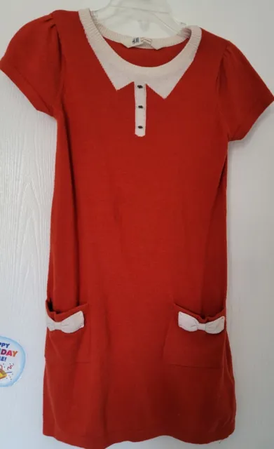 H&M Toddler Girls 4-6 years Knit Dress Tuxedo Print Red Tan Short sleeve EUC