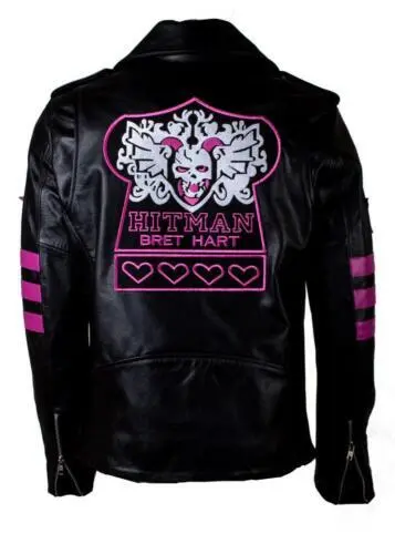 Wwe Bret Hart Hitman Legend Wrestler Black Leather Skull Embroided Jacket Aus
