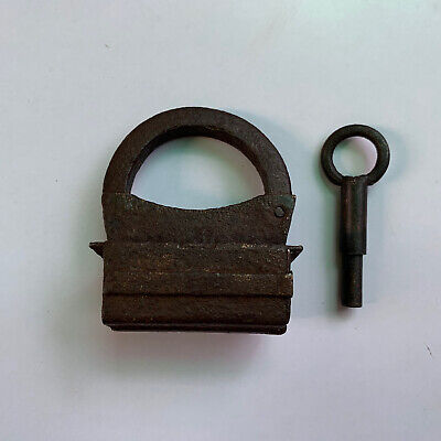 Iron padlock or lock w/ SCREW TYPE key, old or antique, small sized.