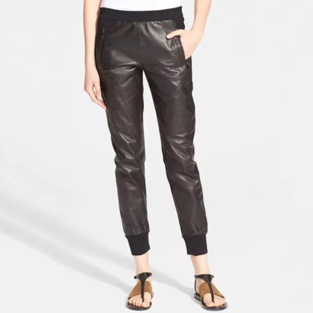 Vince Black Genuine Leather Crepe Mixed Media Jogger  Pants Trousers Small