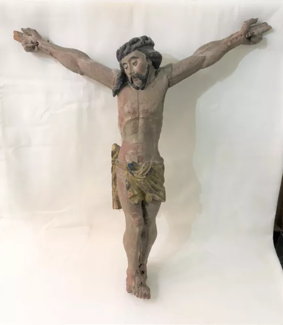 XVIIème Christ bois sculpté et stuc polychrome Haute époque 56cm Crucifix 17eme